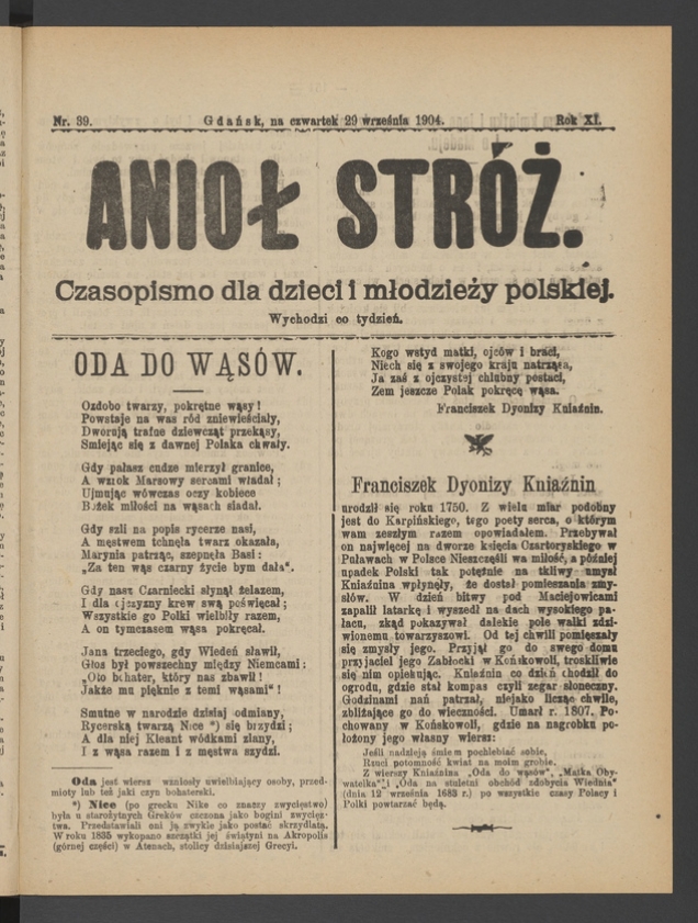 Anioł Str&oacute;ż&nbsp;: czasopismo dla&nbsp;dzieci i&nbsp;młodzieży polskiej. Rok 12, 1904, numer&nbsp;39