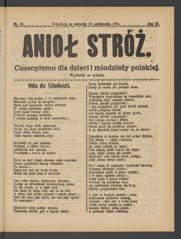 Anioł Str&oacute;ż&nbsp;: czasopismo dla&nbsp;dzieci i&nbsp;młodzieży polskiej. Rok 12, 1904, numer&nbsp;42