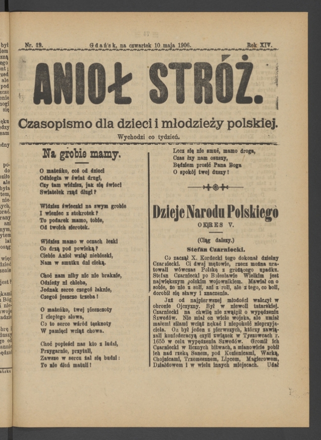 Anioł Str&oacute;ż&nbsp;: czasopismo dla&nbsp;dzieci i&nbsp;młodzieży polskiej. Rok 14, 1906, numer&nbsp;19