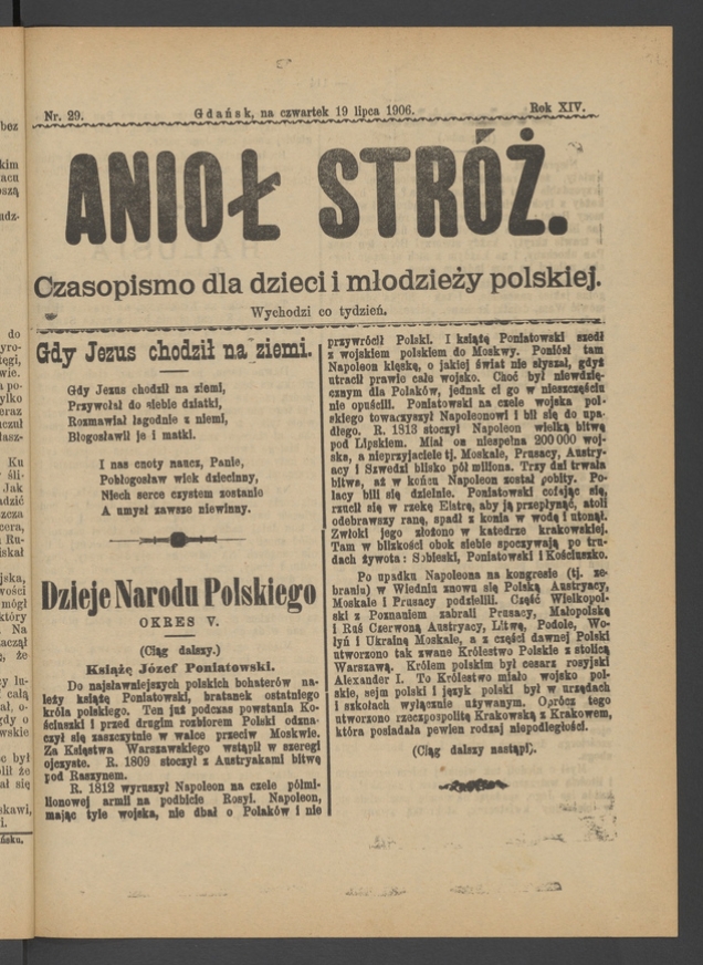 Anioł Str&oacute;ż&nbsp;: czasopismo dla&nbsp;dzieci i&nbsp;młodzieży polskiej. Rok 14, 1906, numer&nbsp;29