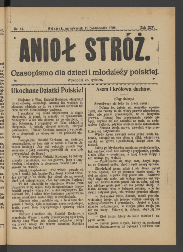 Anioł Str&oacute;ż&nbsp;: czasopismo dla&nbsp;dzieci i&nbsp;młodzieży polskiej. Rok 14, 1906, numer&nbsp;41