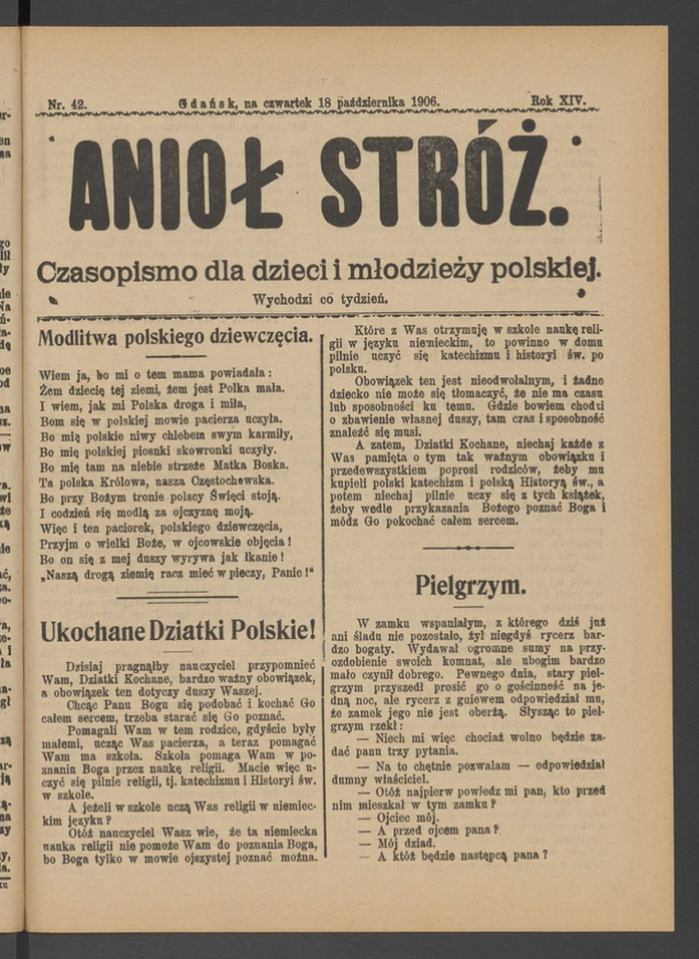 Anioł Str&oacute;ż&nbsp;: czasopismo dla&nbsp;dzieci i&nbsp;młodzieży polskiej. Rok 14, 1906, numer&nbsp;42