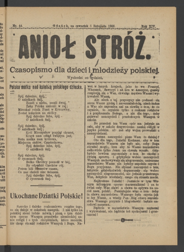 Anioł Str&oacute;ż&nbsp;: czasopismo dla&nbsp;dzieci i&nbsp;młodzieży polskiej. Rok 14, 1906, numer&nbsp;44