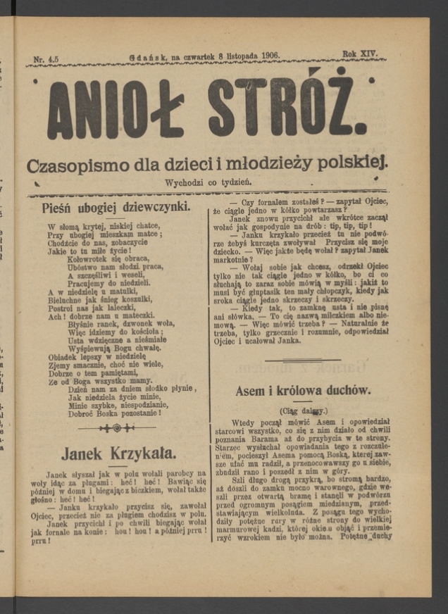 Anioł Str&oacute;ż&nbsp;: czasopismo dla&nbsp;dzieci i&nbsp;młodzieży polskiej. Rok 14, 1906, numer&nbsp;45