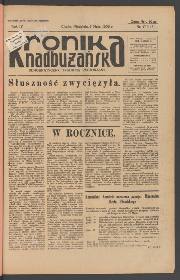 Kronika Nadbużańska&nbsp;: demokratyczny tygodnik regjonalny. Rok&nbsp;4, 1936, numer&nbsp;17