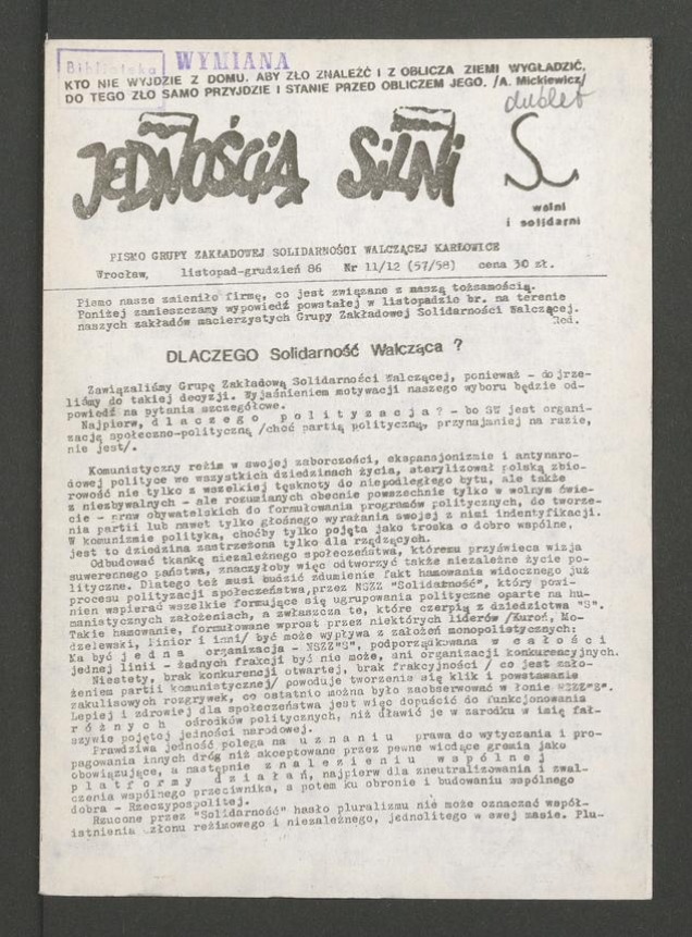 Jednością Silni&nbsp;: międzyzakładowy biuletyn informacyjny NSZZ &bdquo;Solidarność&rdquo; PTHW-Wrozamet-ZPUT (Inco). 1986, numer&nbsp;11-12&nbsp;(57-58)
