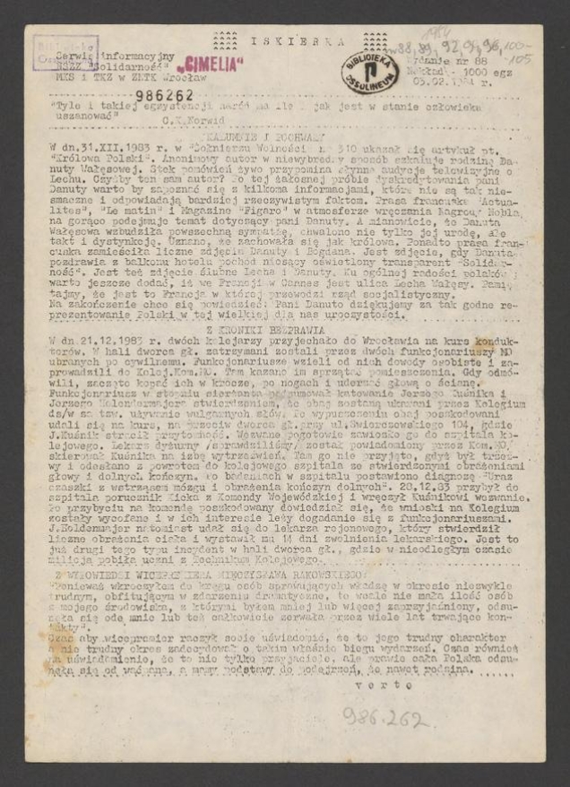Iskierka&nbsp;: serwis informacyjny NSZZ &bdquo;Solidarność&rdquo; MKS i&nbsp;TKZ w&nbsp;ZNTK Wrocław. 1984, numer&nbsp;88