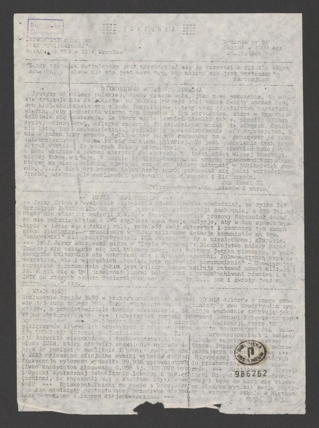 Iskierka&nbsp;: serwis informacyjny NSZZ &bdquo;Solidarność&rdquo;. 1984, numer&nbsp;92