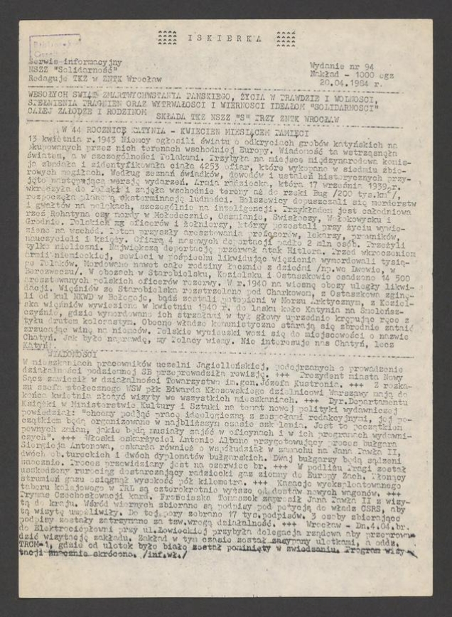 Iskierka&nbsp;: serwis informacyjny NSZZ &bdquo;Solidarność&rdquo;. 1984, numer&nbsp;94