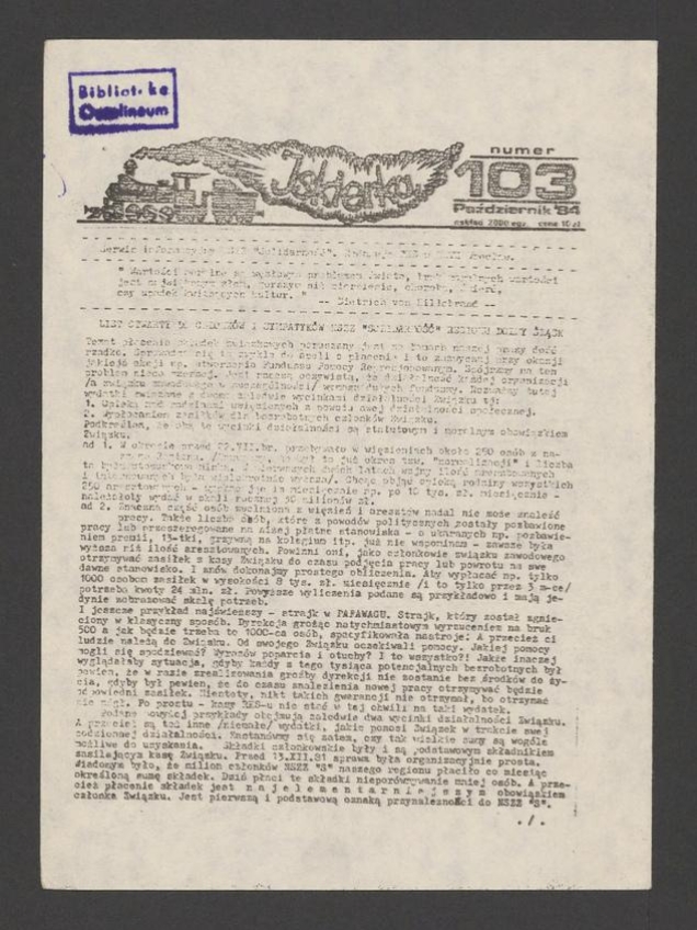 Iskierka&nbsp;: serwis informacyjny NSZZ &bdquo;Solidarność&rdquo;. 1984, numer&nbsp;103