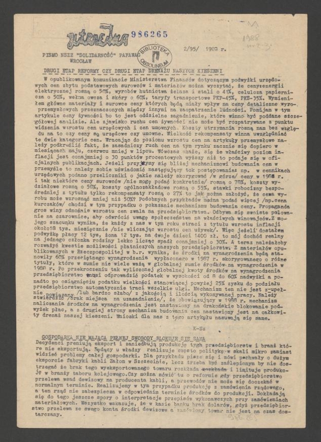 Jutrzenka&nbsp;: pismo NSZZ &bdquo;Solidarność&rdquo; Pafawag Wrocław. 1988, numer&nbsp;2&nbsp;(95)