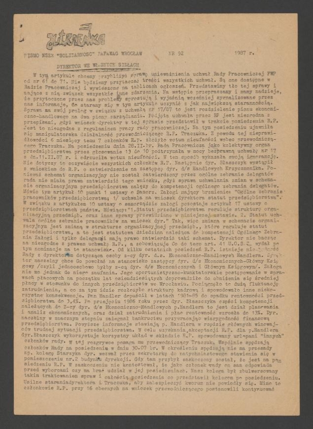 Jutrzenka&nbsp;: pismo NSZZ &bdquo;Solidarność&rdquo; Pafawag Wrocław. 1987, numer&nbsp;92 (egzemplarz drugi)