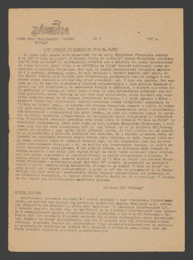 Jutrzenka&nbsp;: pismo NSZZ &bdquo;Solidarność&rdquo; Pafawag Wrocław. 1987, numer&nbsp;91
