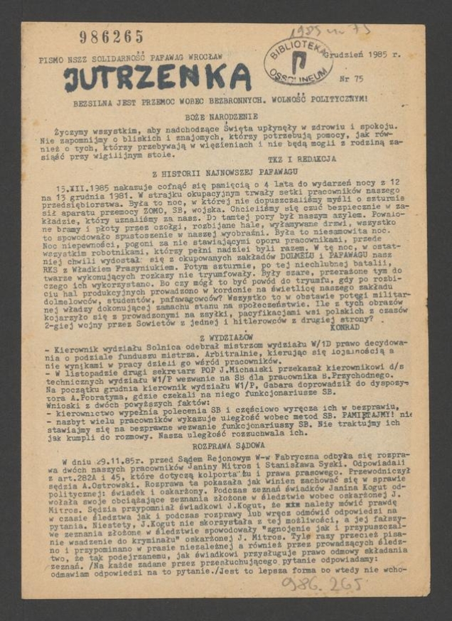 Jutrzenka&nbsp;: pismo NSZZ &bdquo;Solidarność&rdquo; Pafawag Wrocław. 1985, numer&nbsp;75