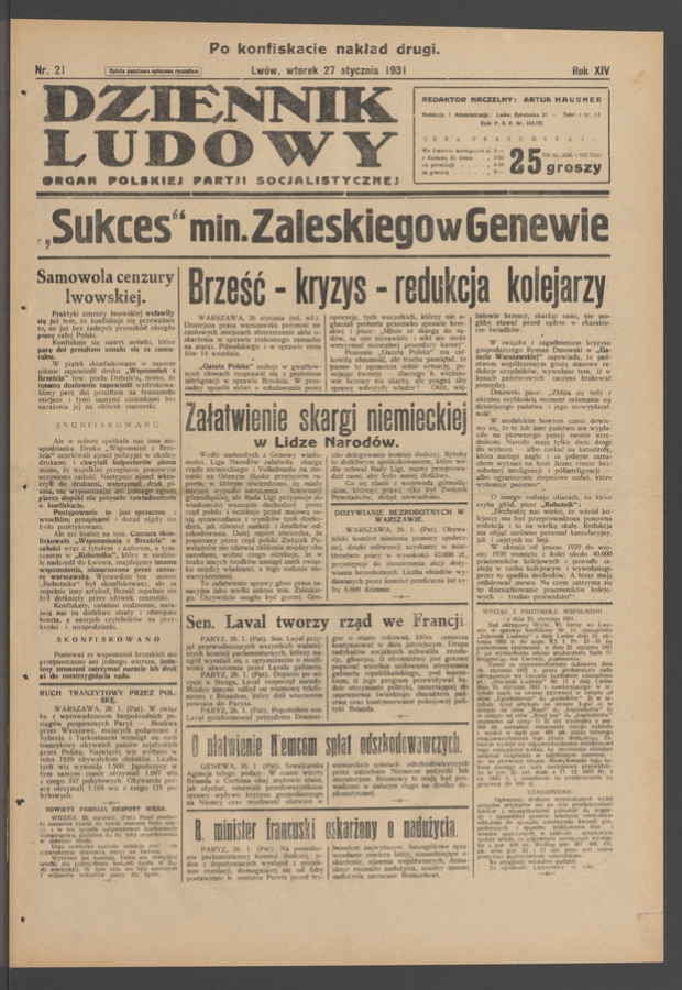 Dziennik Ludowy&nbsp;: organ Polskiej Partji Socjalistycznej. Rok&nbsp;14, 1931, numer&nbsp;21 (po&nbsp;konfiskacie nakład drugi)