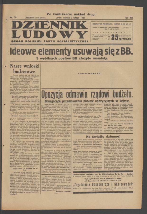 Dziennik Ludowy&nbsp;: organ Polskiej Partji Socjalistycznej. Rok&nbsp;14, 1931, numer&nbsp;30 (po&nbsp;konfiskacie nakład drugi)