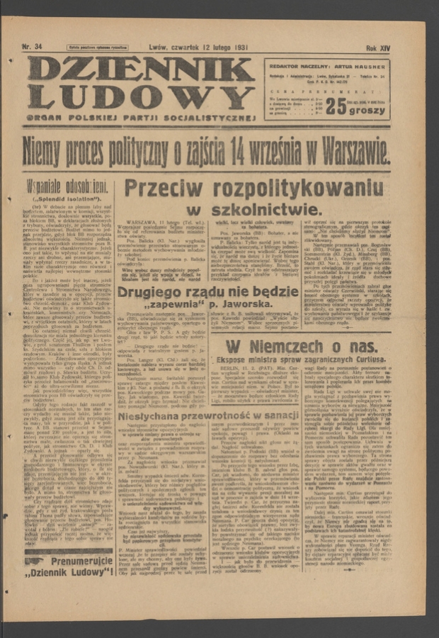 Dziennik Ludowy&nbsp;: organ Polskiej Partji Socjalistycznej. Rok&nbsp;14, 1931, numer&nbsp;34