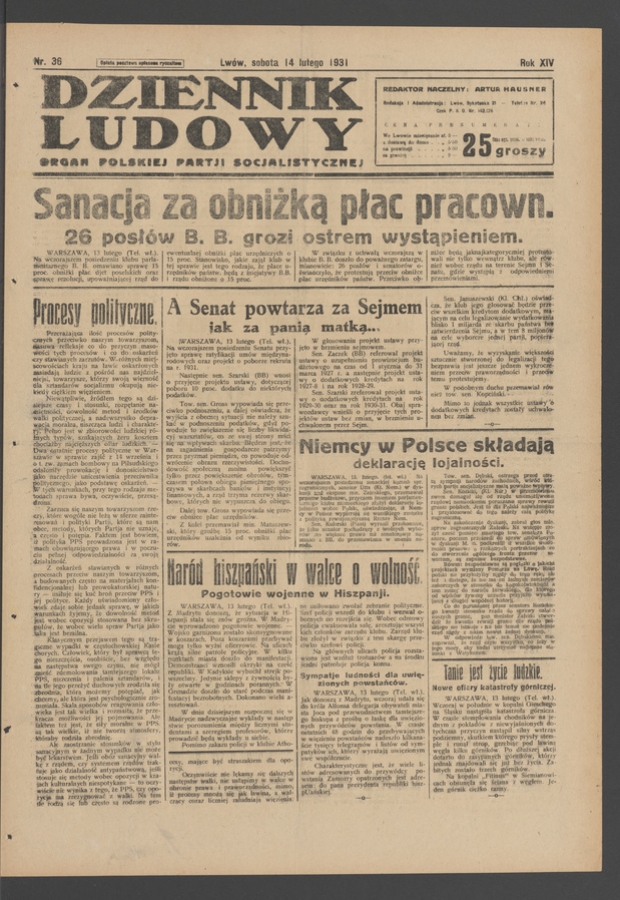 Dziennik Ludowy&nbsp;: organ Polskiej Partji Socjalistycznej. Rok&nbsp;14, 1931, numer&nbsp;36