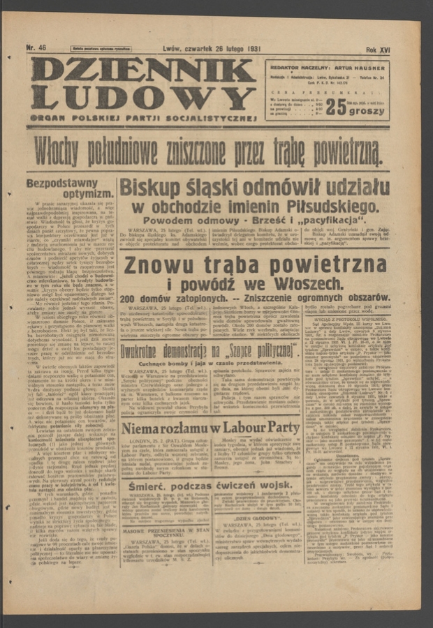 Dziennik Ludowy&nbsp;: organ Polskiej Partji Socjalistycznej. Rok&nbsp;14, 1931, numer&nbsp;46