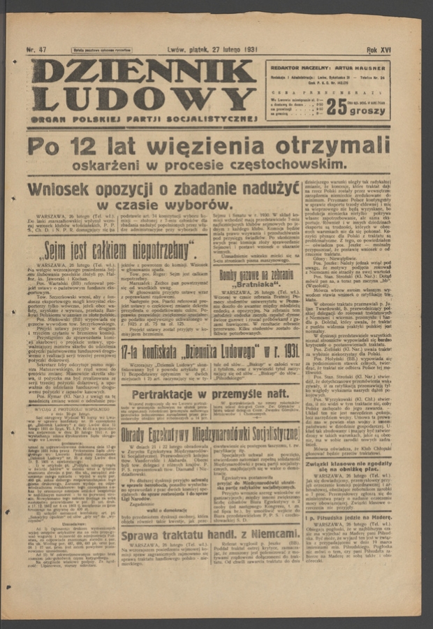 Dziennik Ludowy&nbsp;: organ Polskiej Partji Socjalistycznej. Rok&nbsp;14, 1931, numer&nbsp;47