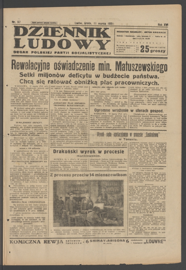 Dziennik Ludowy&nbsp;: organ Polskiej Partji Socjalistycznej. Rok&nbsp;14, 1931, numer&nbsp;57