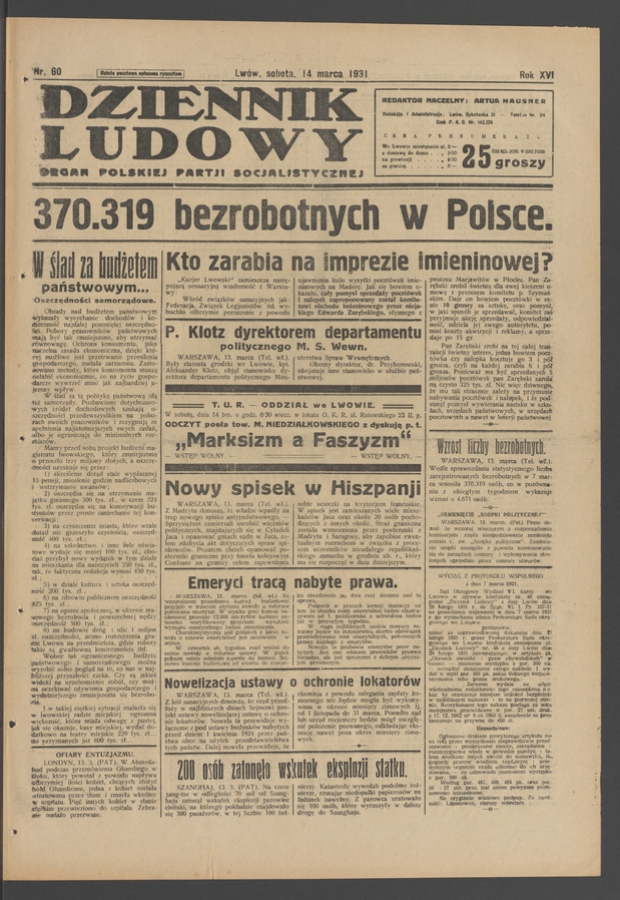 Dziennik Ludowy&nbsp;: organ Polskiej Partji Socjalistycznej. Rok&nbsp;14, 1931, numer&nbsp;60