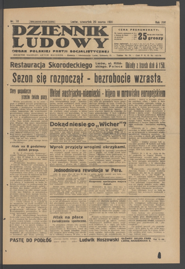 Dziennik Ludowy&nbsp;: organ Polskiej Partji Socjalistycznej. Rok&nbsp;14, 1931, numer&nbsp;70