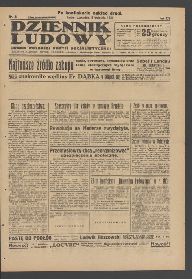Dziennik Ludowy&nbsp;: organ Polskiej Partji Socjalistycznej. Rok&nbsp;14, 1931, numer&nbsp;81 (po&nbsp;konfiskacie nakład drugi)