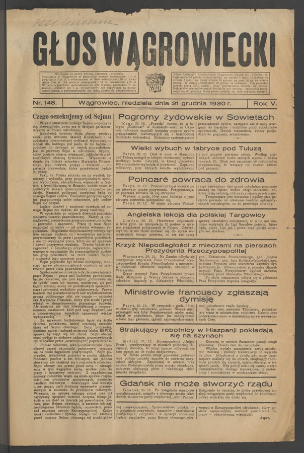 Głos Wągrowiecki. Rok&nbsp;5, 1930, numer&nbsp;148