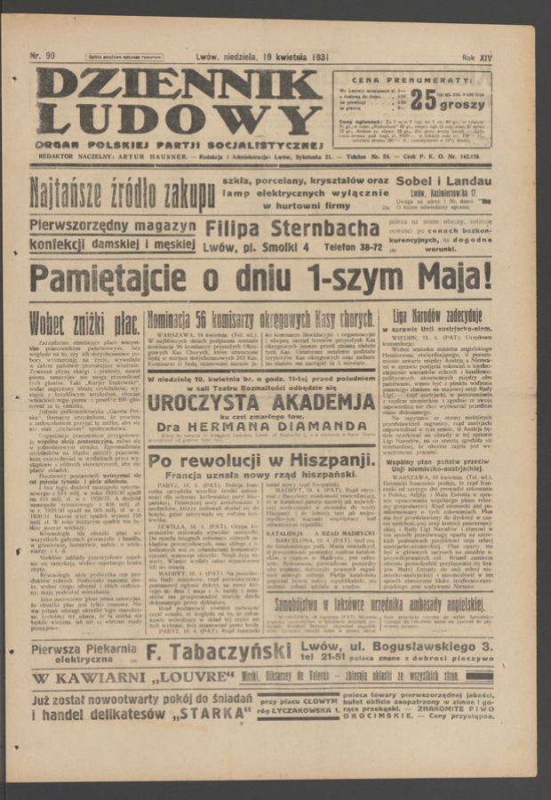 Dziennik Ludowy&nbsp;: organ Polskiej Partji Socjalistycznej. Rok&nbsp;14, 1931, numer&nbsp;90