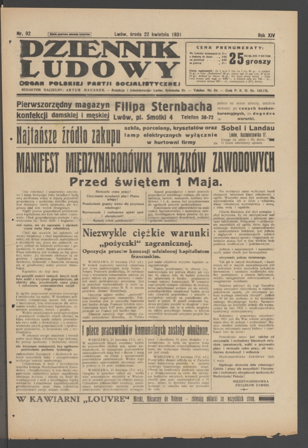 Dziennik Ludowy&nbsp;: organ Polskiej Partji Socjalistycznej. Rok&nbsp;14, 1931, numer&nbsp;92