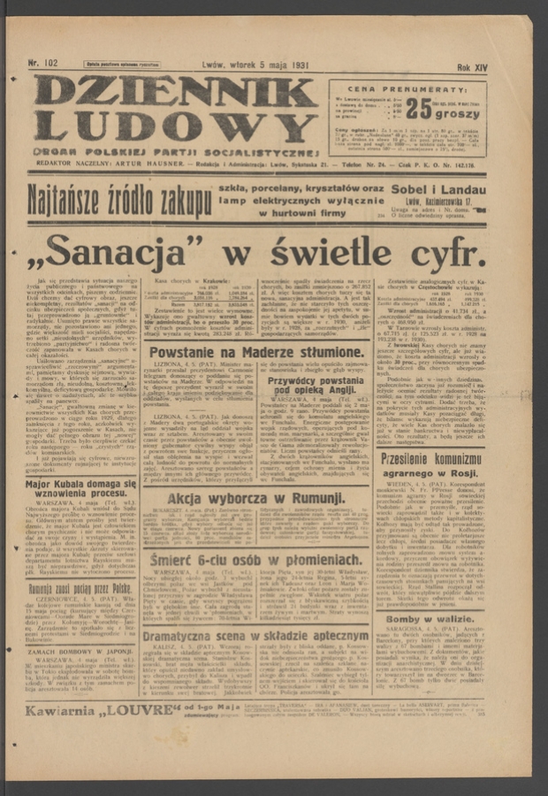 Dziennik Ludowy&nbsp;: organ Polskiej Partji Socjalistycznej. Rok&nbsp;14, 1931, numer&nbsp;102