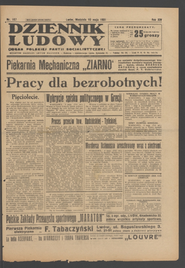 Dziennik Ludowy&nbsp;: organ Polskiej Partji Socjalistycznej. Rok&nbsp;14, 1931, numer&nbsp;107