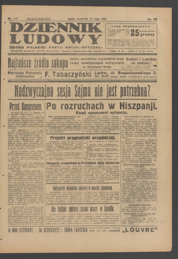 Dziennik Ludowy&nbsp;: organ Polskiej Partji Socjalistycznej. Rok&nbsp;14, 1931, numer&nbsp;110