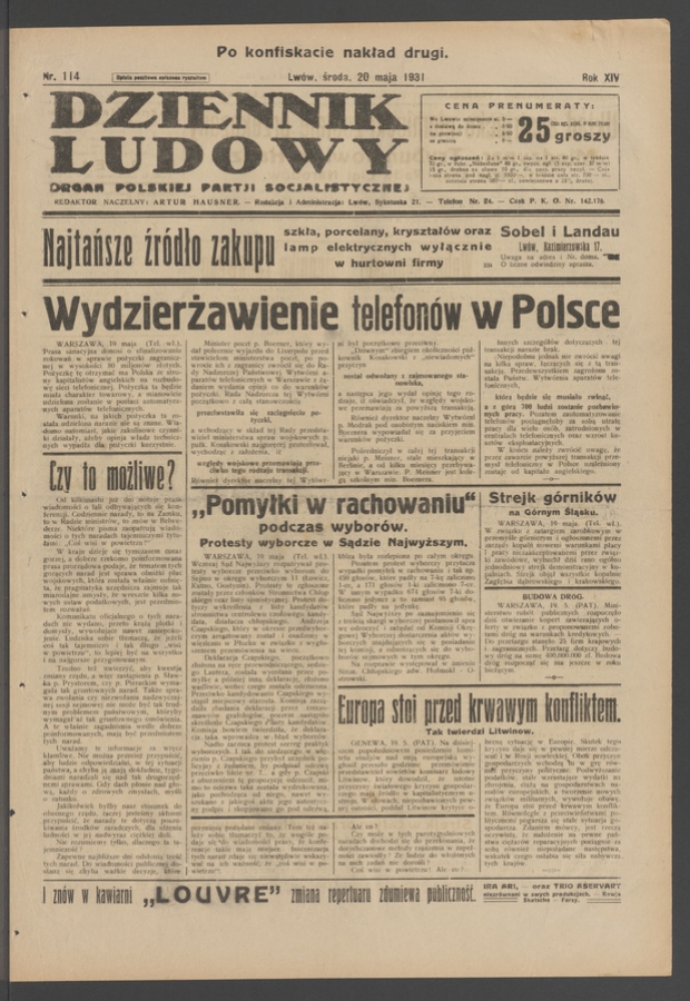 Dziennik Ludowy&nbsp;: organ Polskiej Partji Socjalistycznej. Rok&nbsp;14, 1931, numer&nbsp;114 (po&nbsp;konfiskacie nakład drugi)