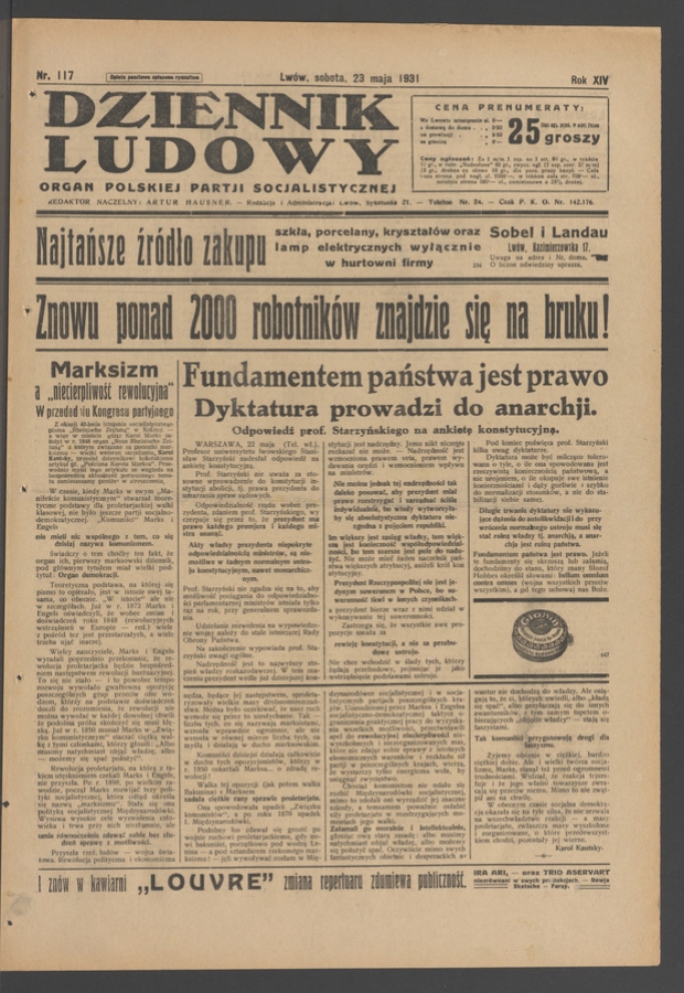 Dziennik Ludowy&nbsp;: organ Polskiej Partji Socjalistycznej. Rok&nbsp;14, 1931, numer&nbsp;117