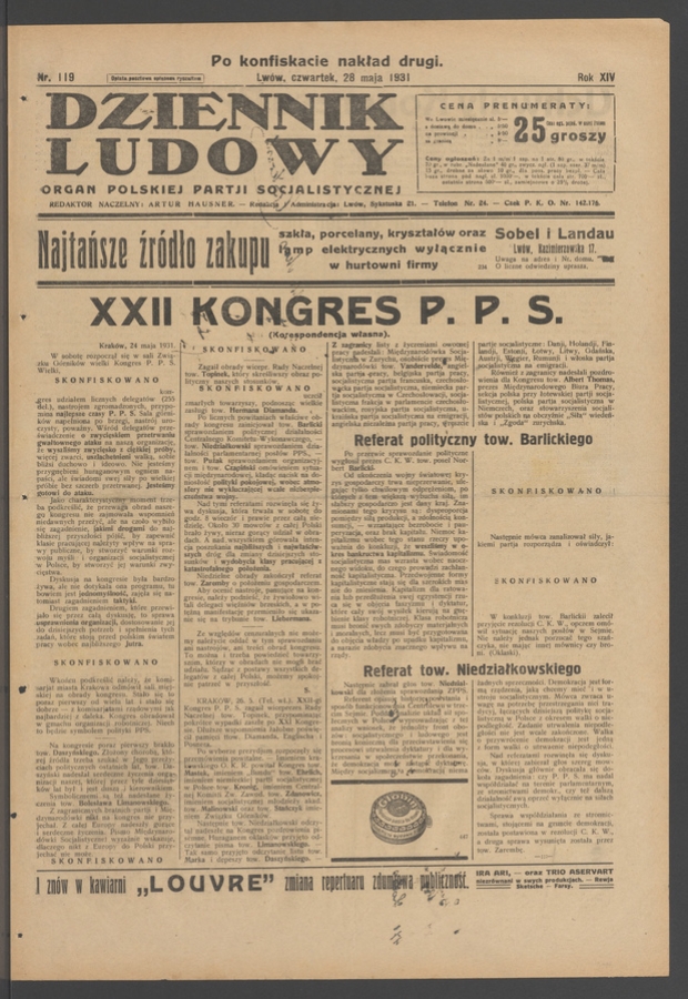 Dziennik Ludowy&nbsp;: organ Polskiej Partji Socjalistycznej. Rok&nbsp;14, 1931, numer&nbsp;119 (po&nbsp;konfiskacie nakład drugi)
