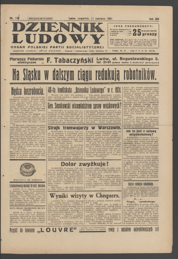 Dziennik Ludowy&nbsp;: organ Polskiej Partji Socjalistycznej. Rok&nbsp;14, 1931, numer&nbsp;131