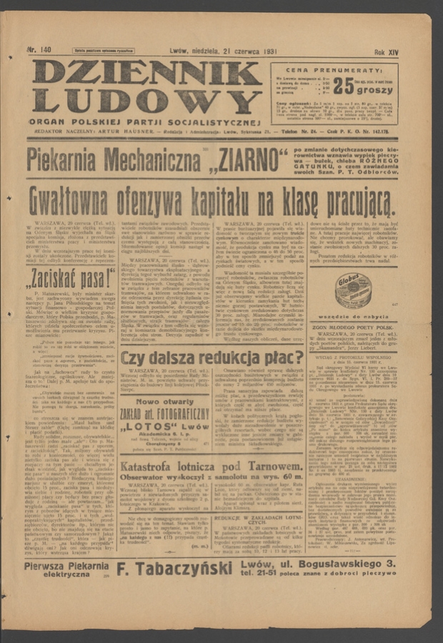 Dziennik Ludowy&nbsp;: organ Polskiej Partji Socjalistycznej. Rok&nbsp;14, 1931, numer&nbsp;140