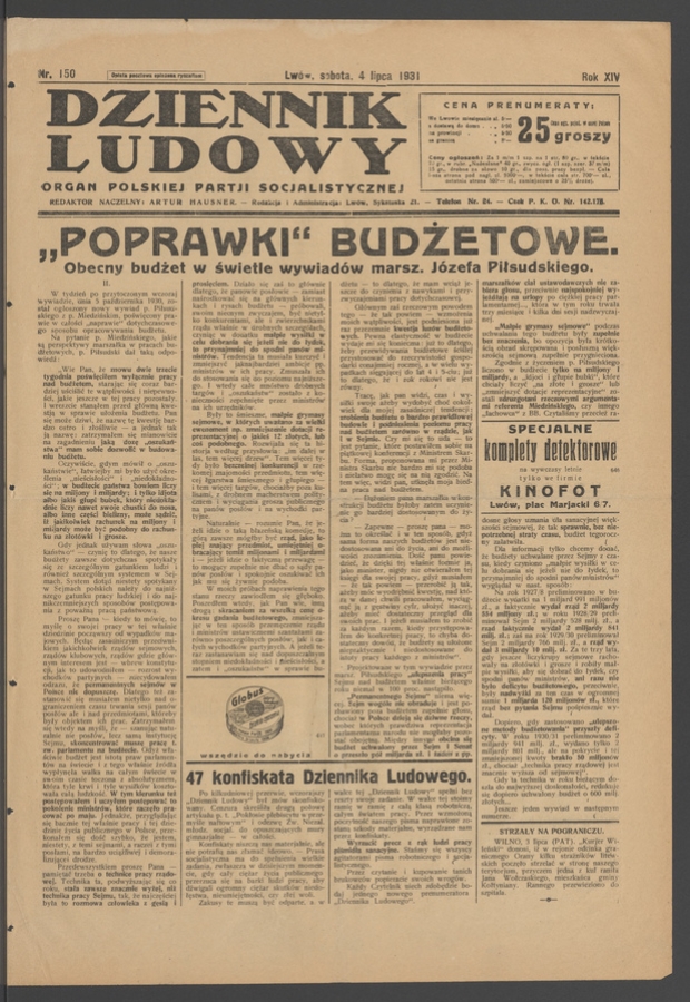 Dziennik Ludowy&nbsp;: organ Polskiej Partji Socjalistycznej. Rok&nbsp;14, 1931, numer&nbsp;150