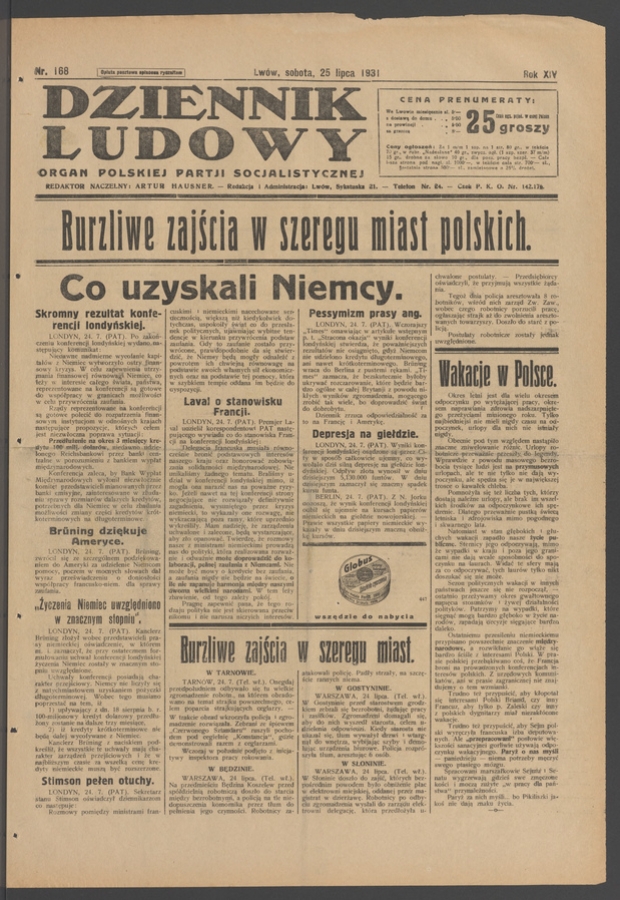 Dziennik Ludowy&nbsp;: organ Polskiej Partji Socjalistycznej. Rok&nbsp;14, 1931, numer&nbsp;168