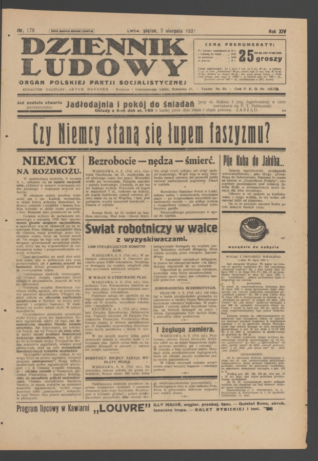 Dziennik Ludowy&nbsp;: organ Polskiej Partji Socjalistycznej. Rok&nbsp;14, 1931, numer&nbsp;179