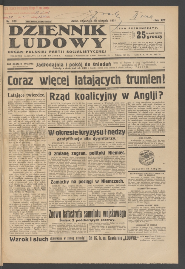 Dziennik Ludowy&nbsp;: organ Polskiej Partji Socjalistycznej. Rok&nbsp;14, 1931, numer&nbsp;188