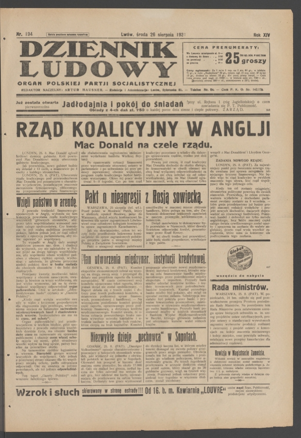 Dziennik Ludowy&nbsp;: organ Polskiej Partji Socjalistycznej. Rok&nbsp;14, 1931, numer&nbsp;194