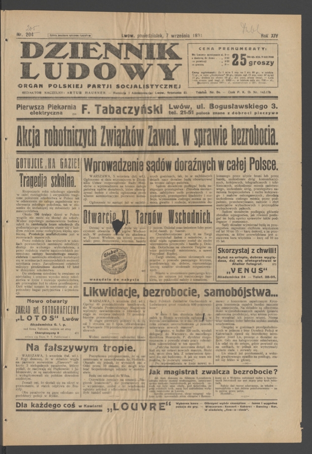 Dziennik Ludowy&nbsp;: organ Polskiej Partji Socjalistycznej. Rok&nbsp;14, 1931, numer&nbsp;204 (nakład drugi)