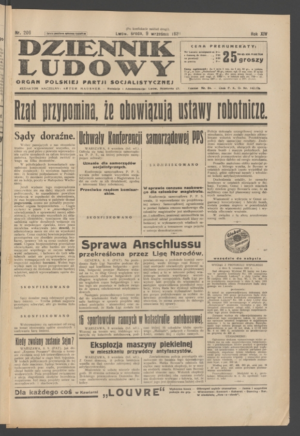 Dziennik Ludowy&nbsp;: organ Polskiej Partji Socjalistycznej. Rok&nbsp;14, 1931, numer&nbsp;206 (po&nbsp;konfiskacie nakład drugi)