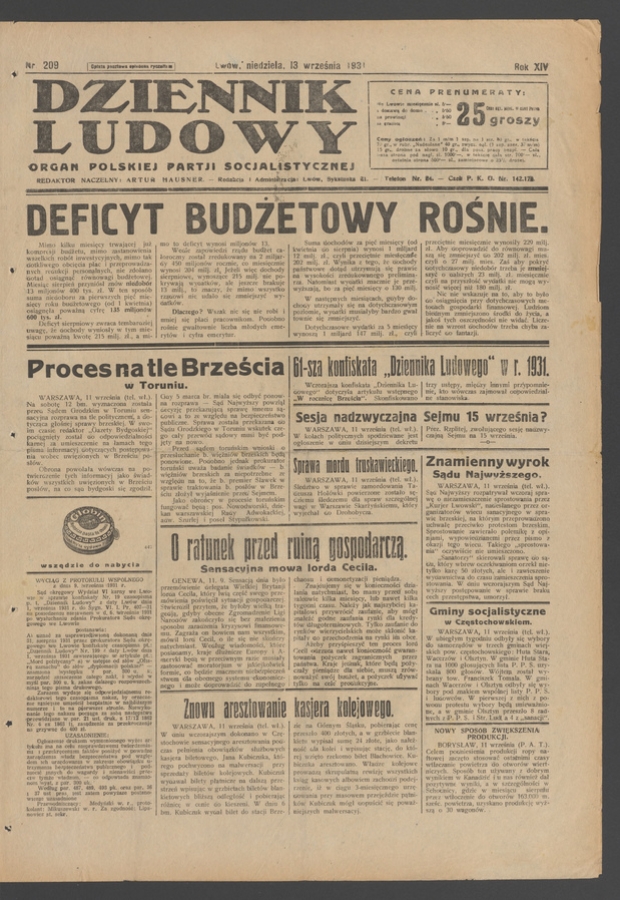 Dziennik Ludowy&nbsp;: organ Polskiej Partji Socjalistycznej. Rok&nbsp;14, 1931, numer&nbsp;209