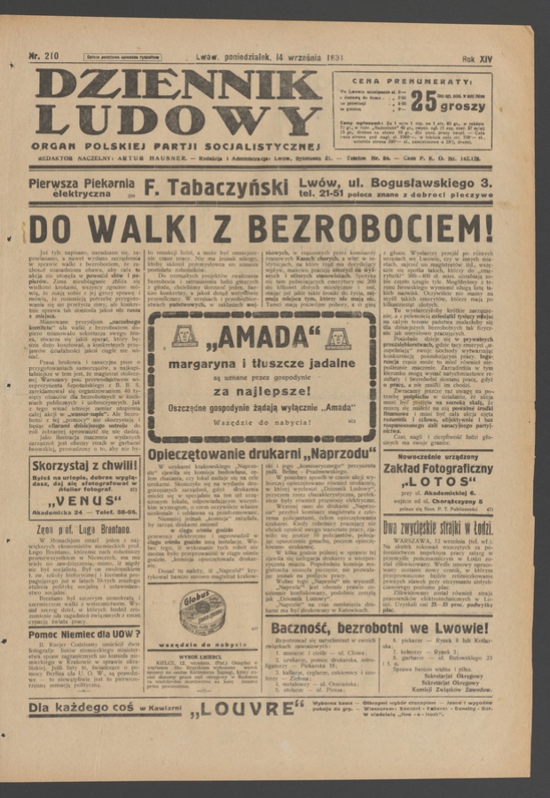 Dziennik Ludowy&nbsp;: organ Polskiej Partji Socjalistycznej. Rok&nbsp;14, 1931, numer&nbsp;210