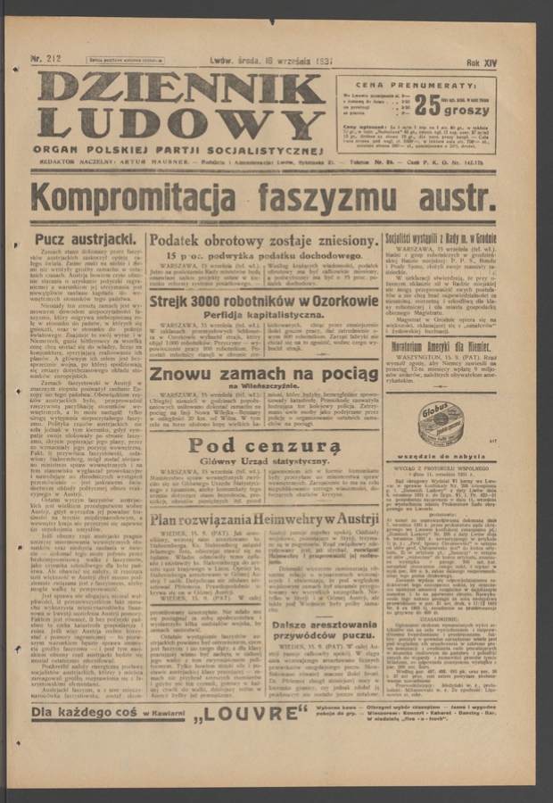 Dziennik Ludowy&nbsp;: organ Polskiej Partji Socjalistycznej. Rok&nbsp;14, 1931, numer&nbsp;212