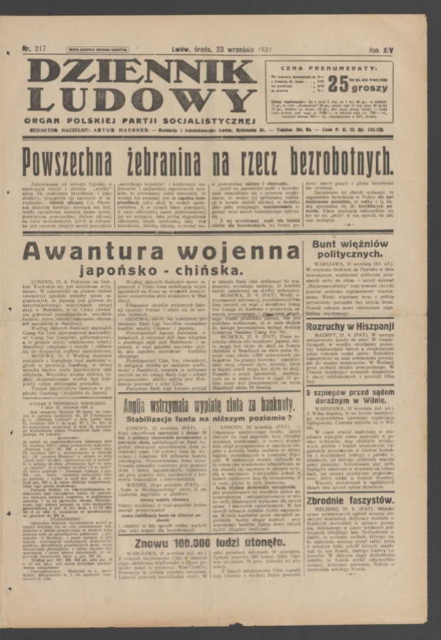 Dziennik Ludowy&nbsp;: organ Polskiej Partji Socjalistycznej. Rok&nbsp;14, 1931, numer&nbsp;217